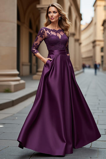 Illusion Neck Satin A Line Grape Mother of the Bride Dress with Lace Appliques
